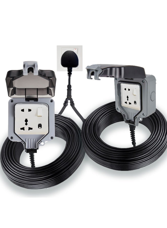 Hassan Weatherproof Dual Universal Extension Socket 13A IP66 Waterproof - Heavy Duty 2.5mm Cable for Garden, Garage, Outdoor Events & Kitchen